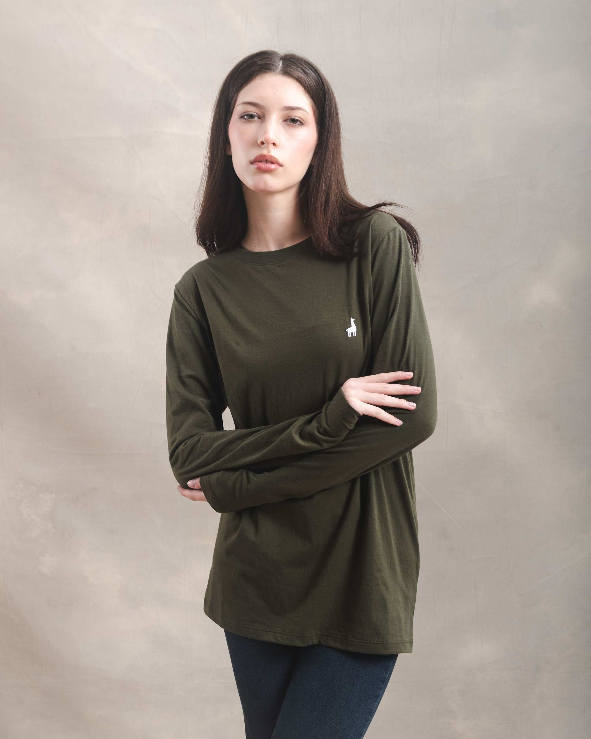 Polo manga larga unisex Verde Militar 100% Soft Pima