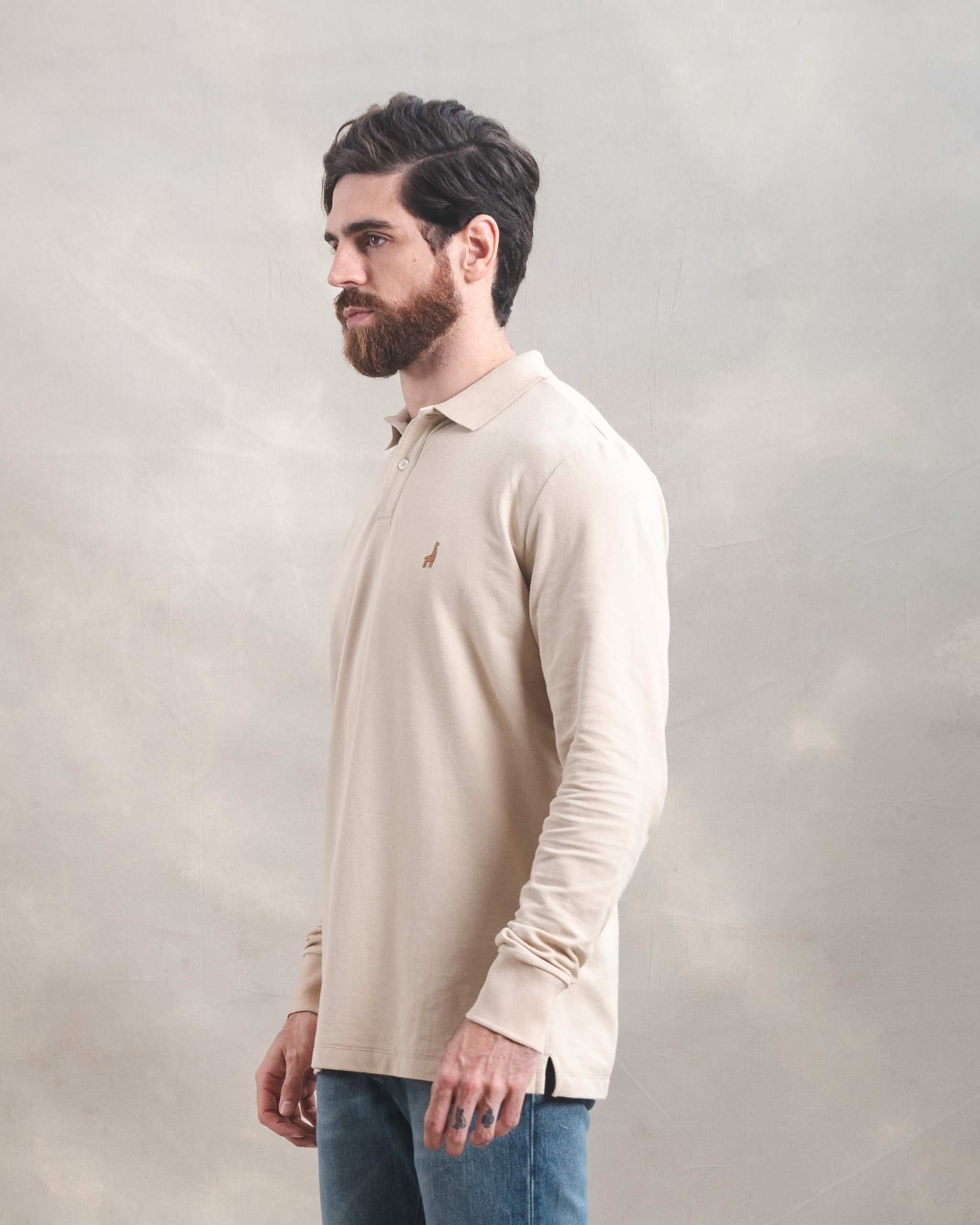 Polo Piqué Manga Larga Beige